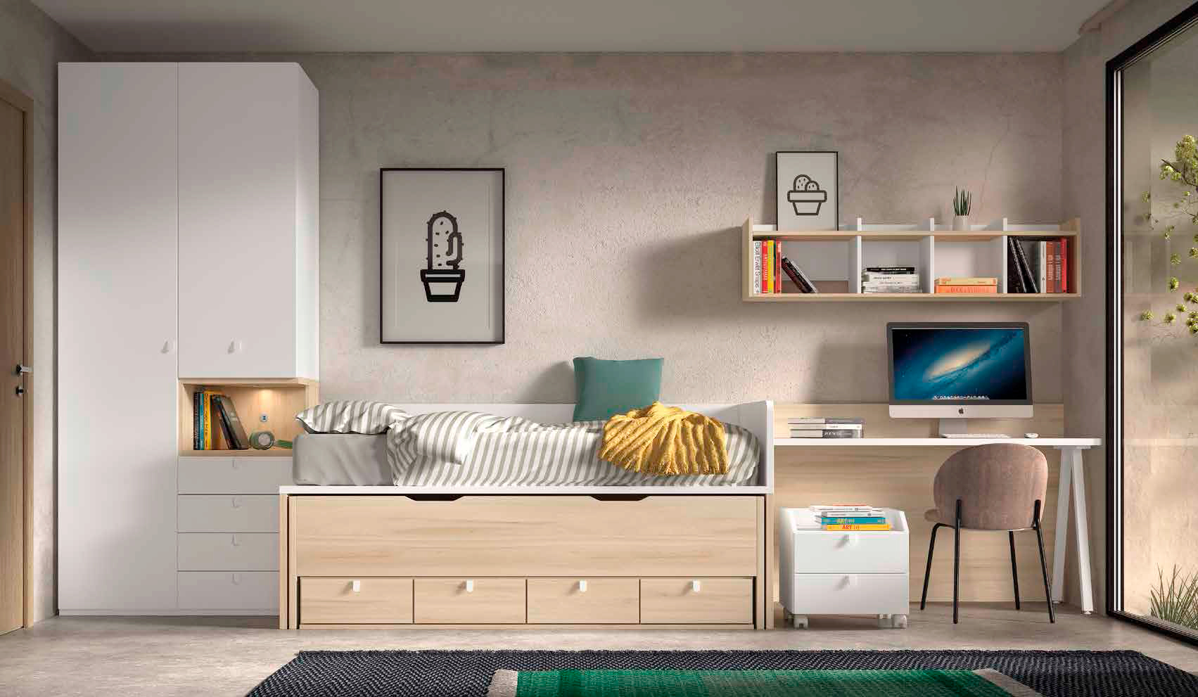Dormitorio juvenil ámbar con detalles blancos de la colección Formas Evolution de Glicerio Chaves Hornero