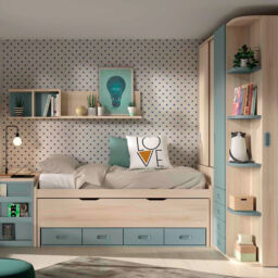 Dormitorio juvenil ámbar ocean de la colección Formas Evolution de Glicerio Chaves Hornero. Compuesto por armario, cama y arcón convertible.