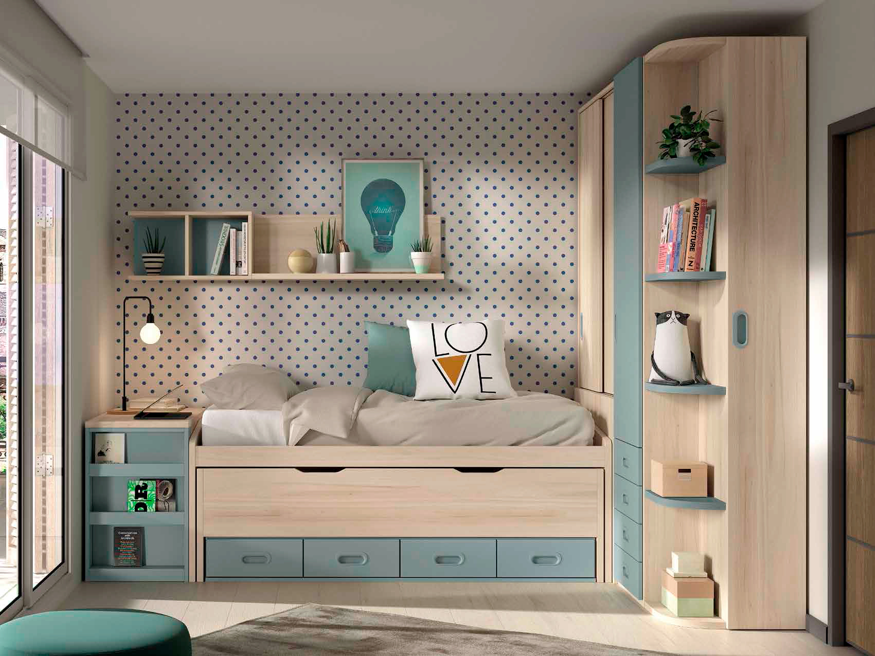 Dormitorio juvenil ámbar ocean de la colección Formas Evolution de Glicerio Chaves Hornero. Compuesto por armario, cama y arcón convertible.