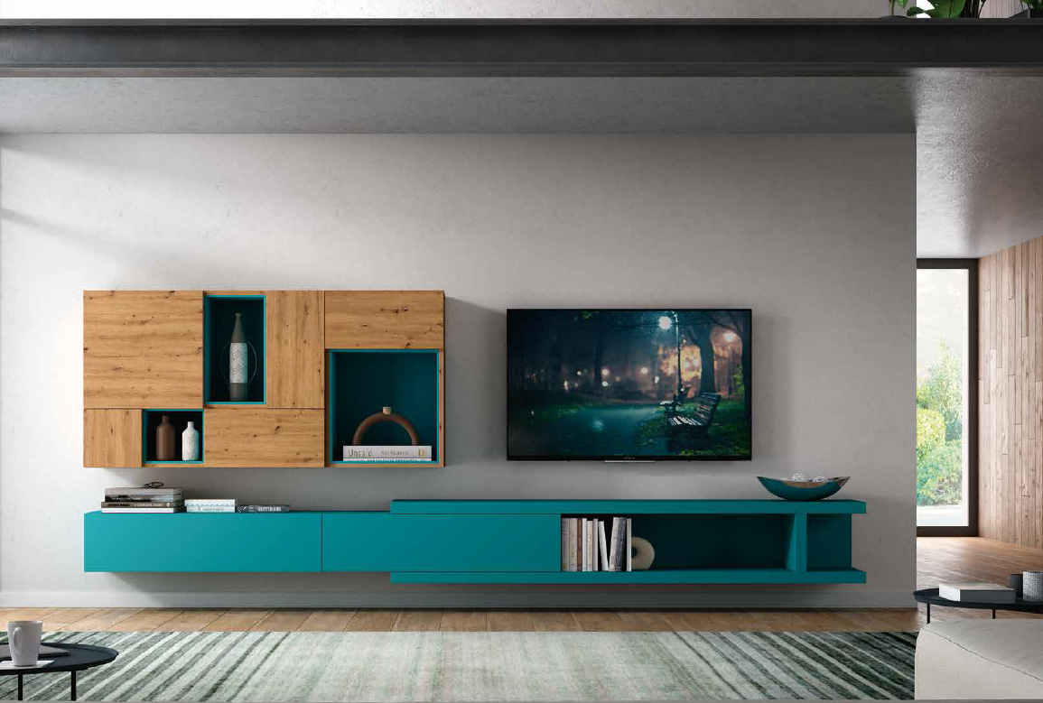 Composición modulable de mueble de salón azul ópalo de la colección After Living Rooms de Canoil.